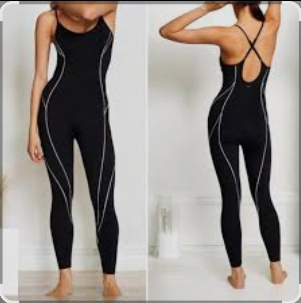 VICTORIA'S SECRET Size Xl Black Jumpsuit with White Stitching. Used Like New